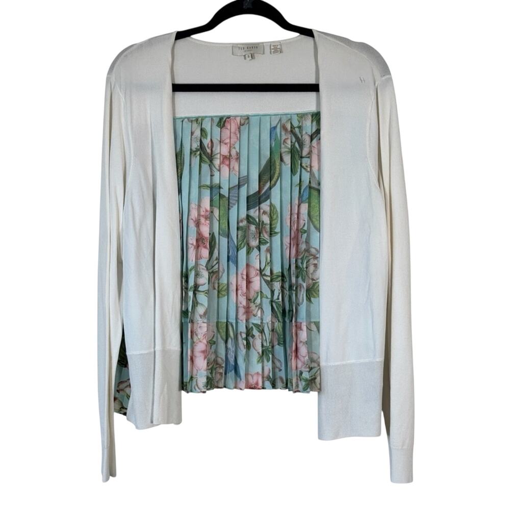 Ted Baker Cream Cardigan Sweater Hummingbird Floral Pleated Back Womens 8 Girly